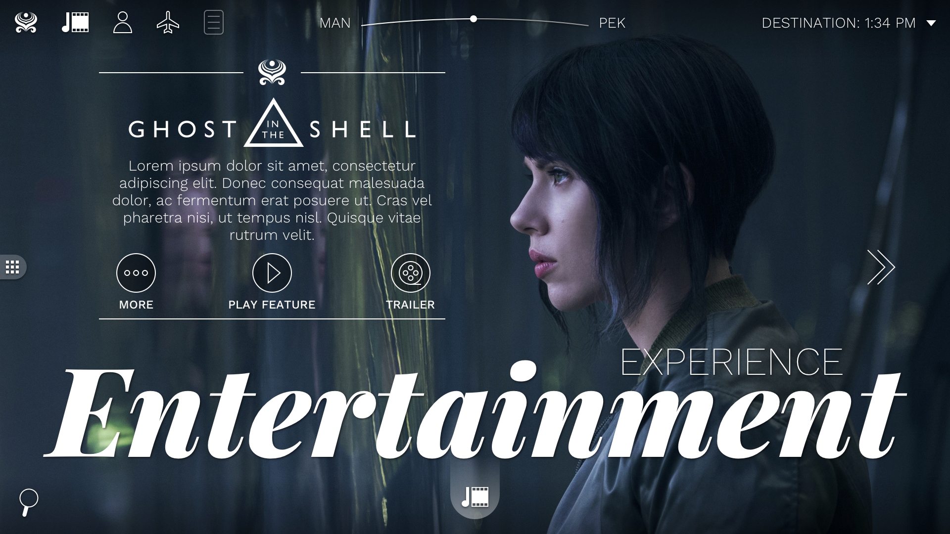 The entertainment home page, with a featured movie - Ghost in the Shell - as a background hero image.
