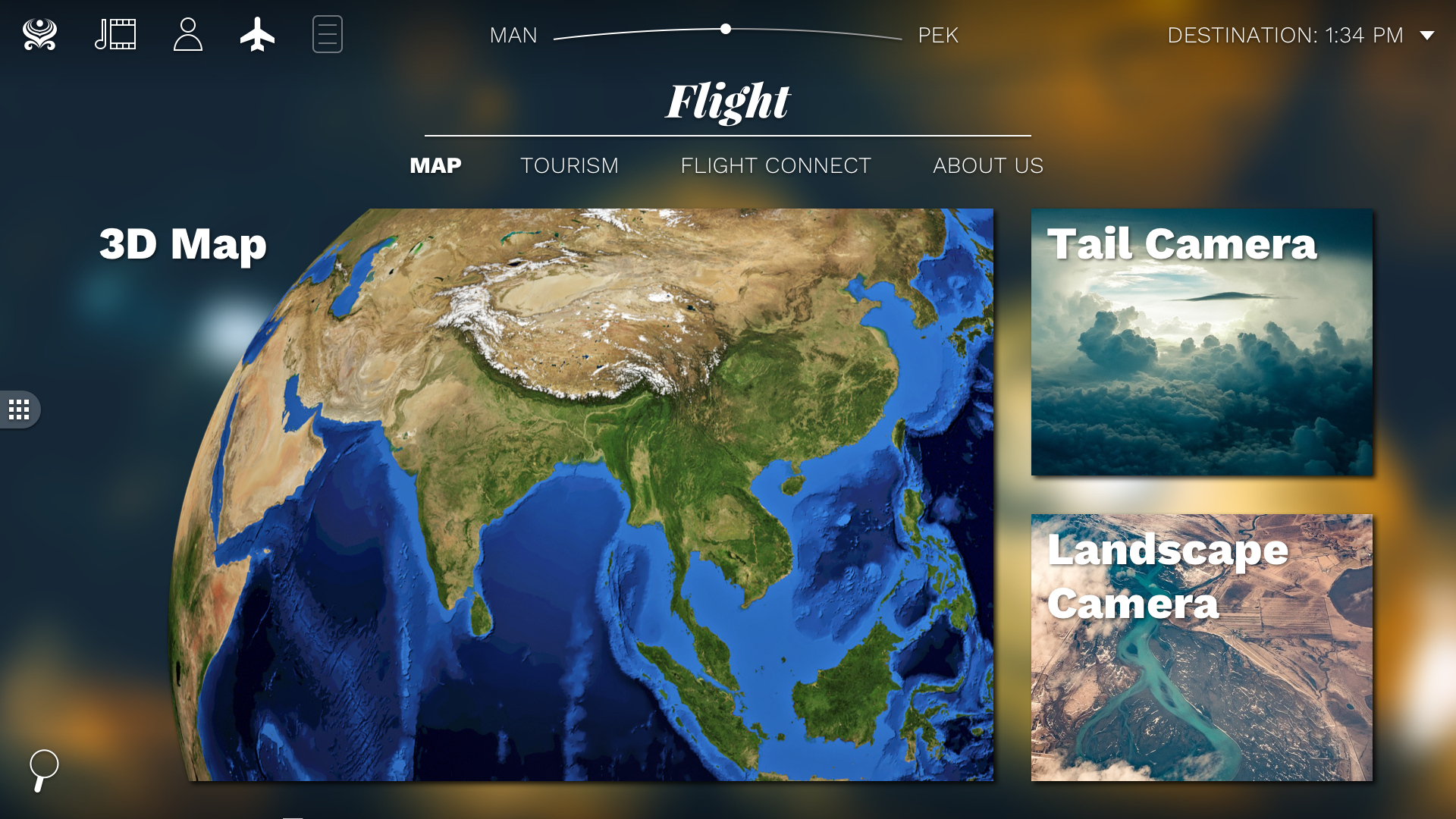 The 3d map screen within the Flight section. There are options to view the 3d map, the tail camera, and the landscape camera.