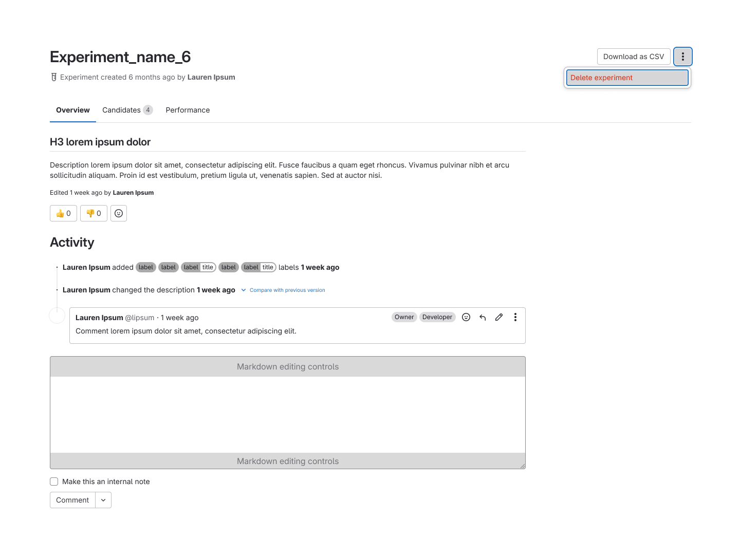 The Overview tab of an experiment page, showing a description, activity, and a comments section.