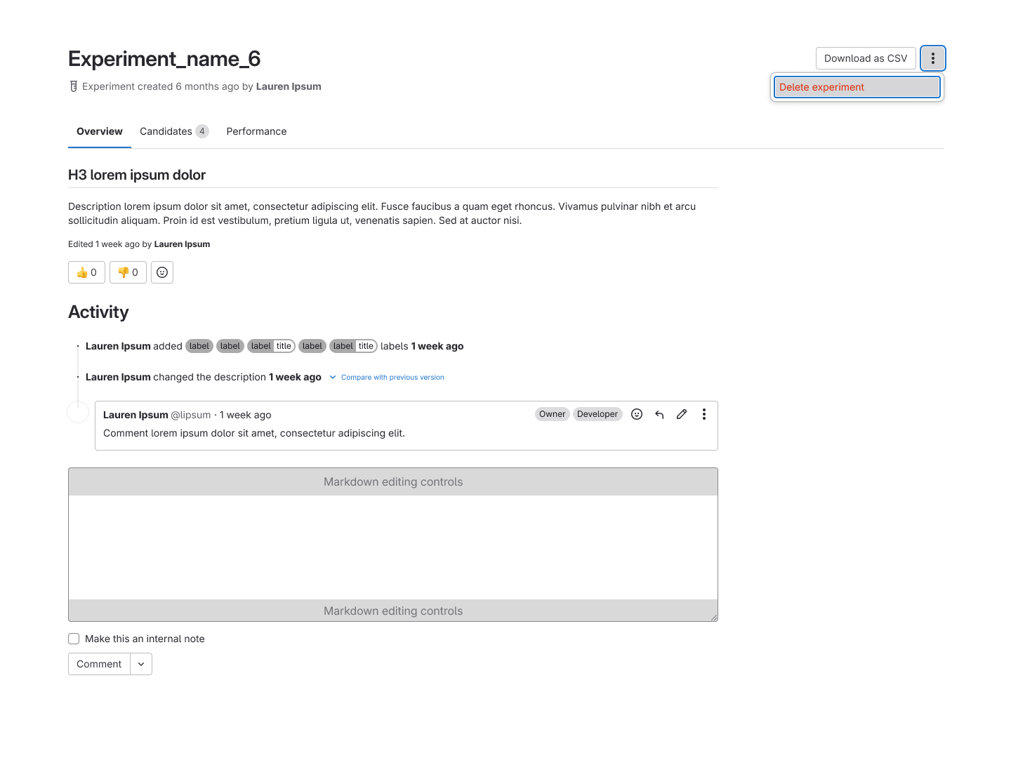 The Overview tab of an experiment, showing a description, activity feed, and comments section.