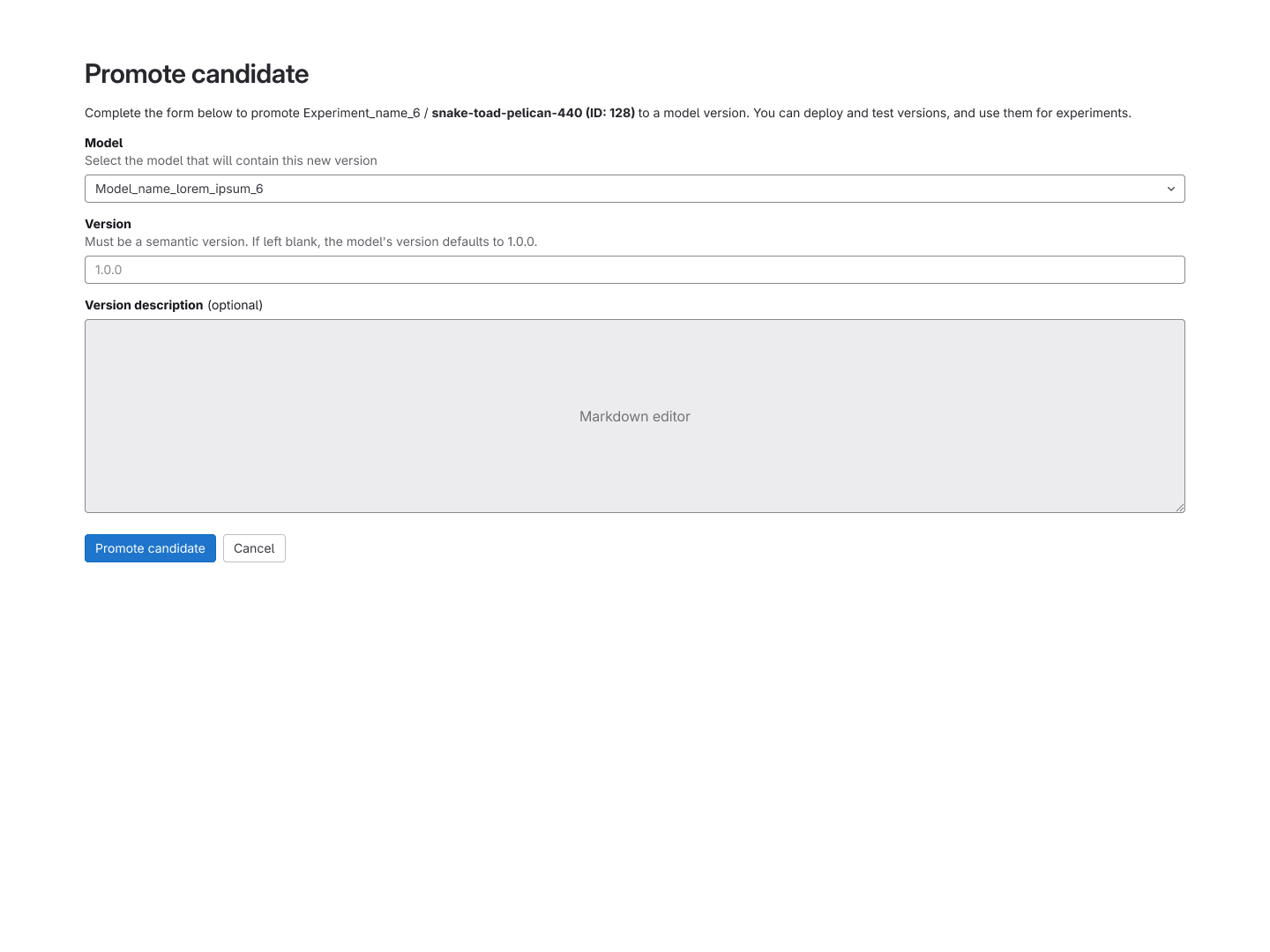 The Promote candidate form, allowing users to select a model, set a semantic version, and add an optional description before promoting to the Model Registry.