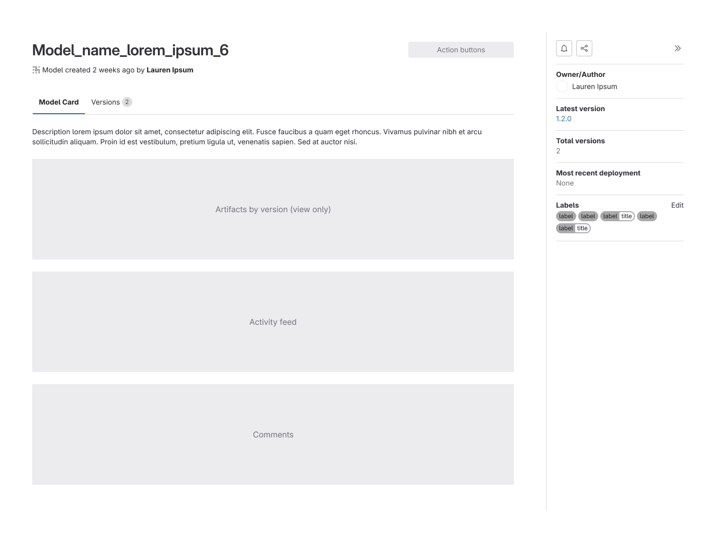Low-fidelity concept of the model card, which shows a description, activity feed, and comments section. There is a sidebar on the right with additional metadata pertaining to the selected model.