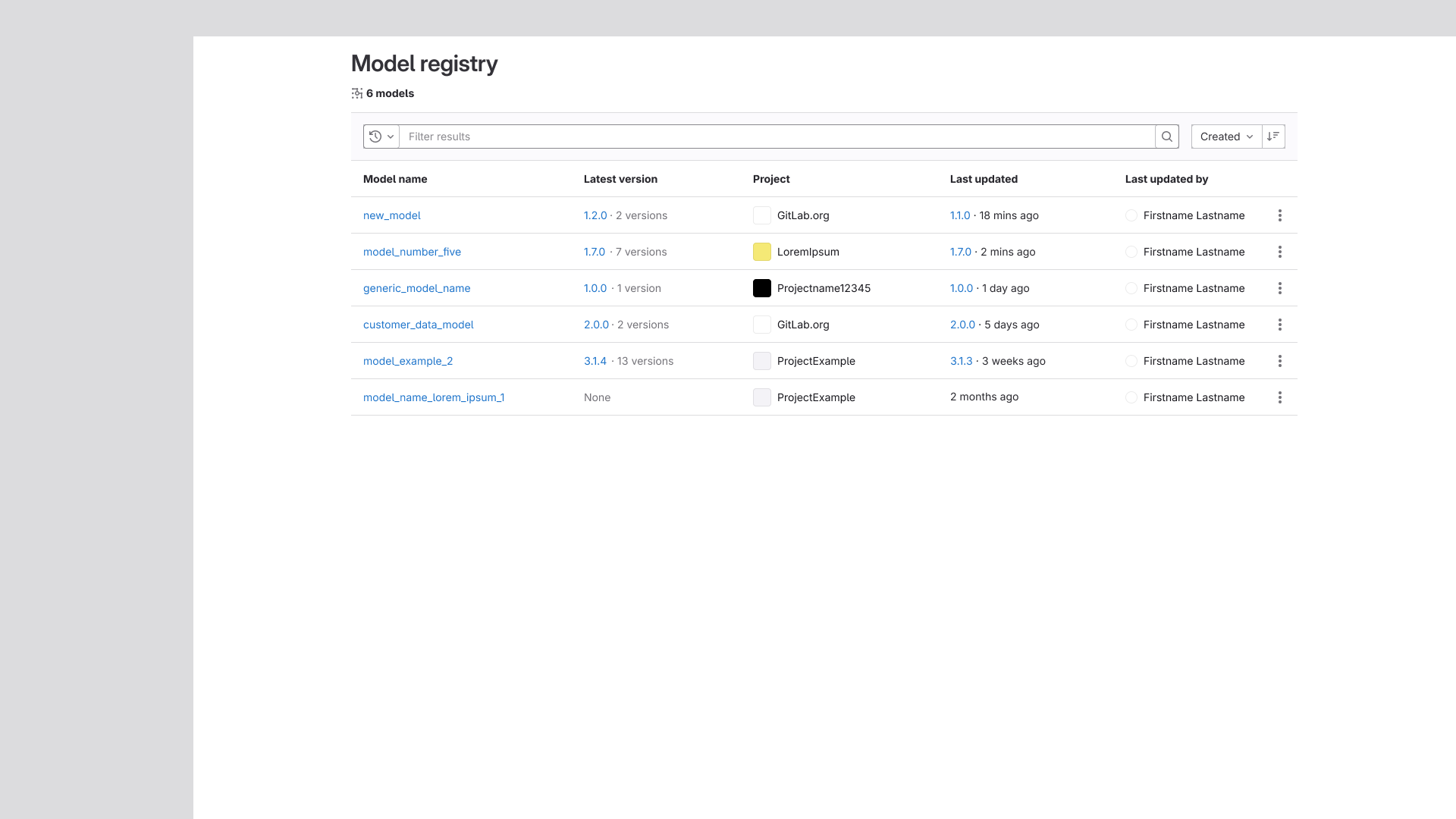 A new listing page at the group level, with a column showing the project that each model belongs to. There is a search and filter bar to sort through the list.