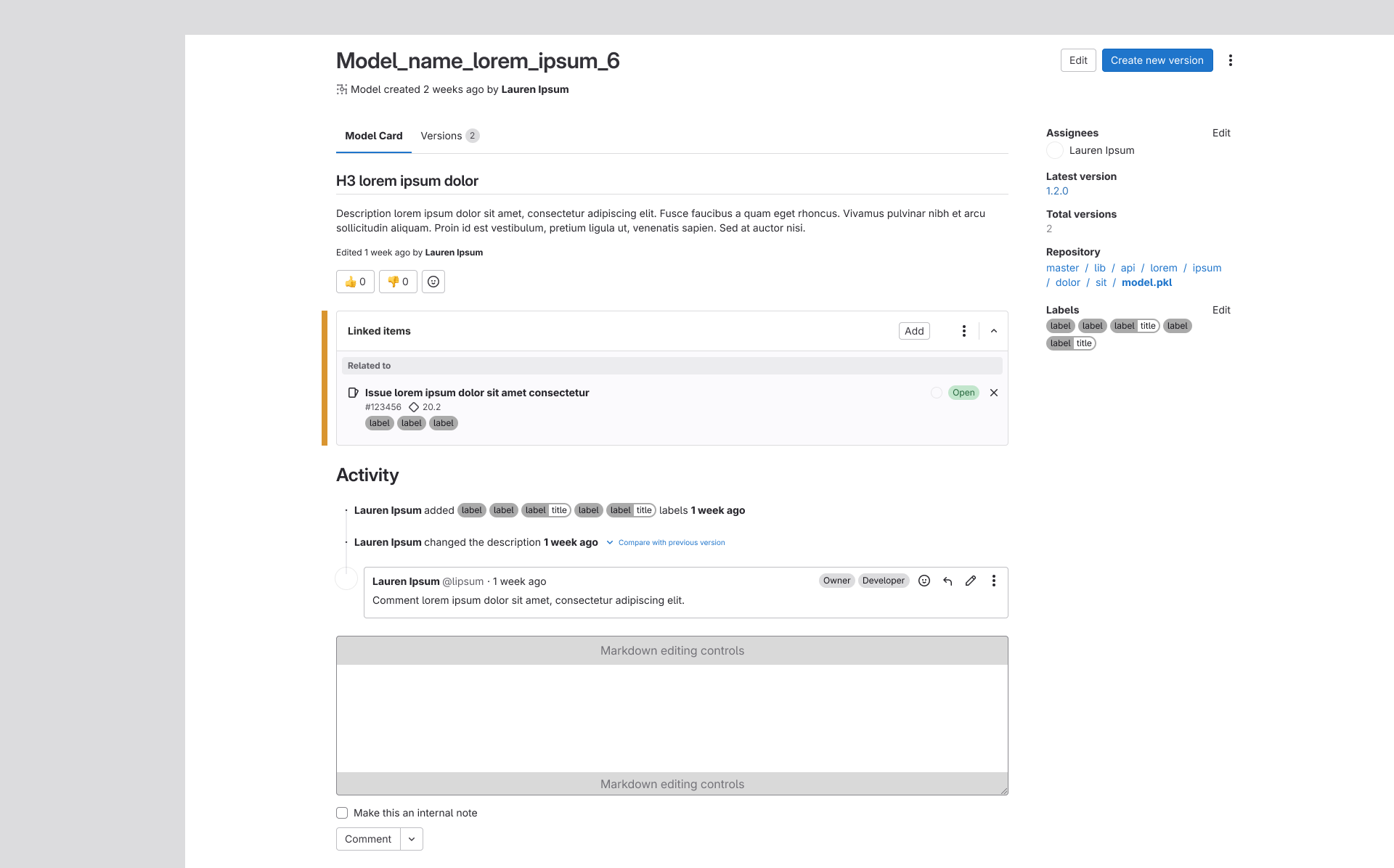 The model card with an additional module called Linked Items. In the list is a related issue. There is an option to add more linked items.