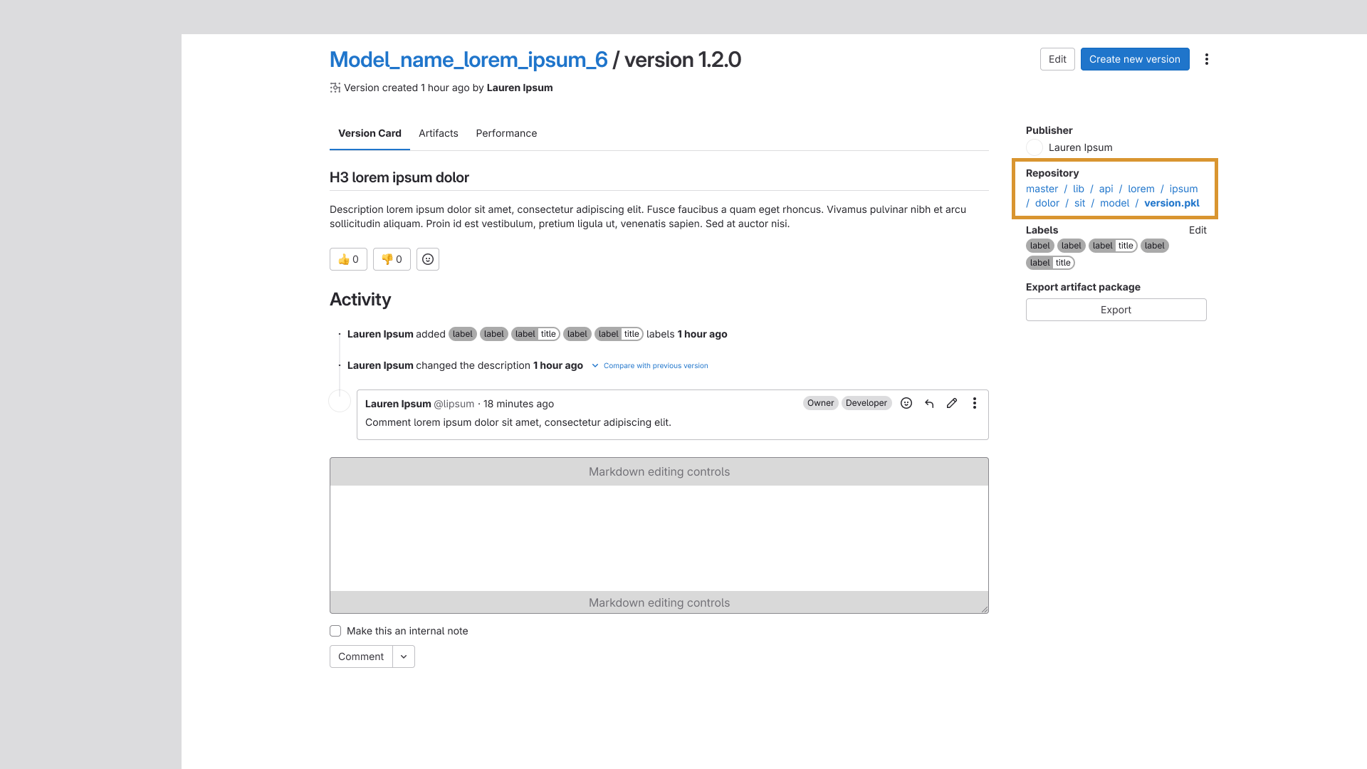 The version card with the title highlighted. The word 'version' was added before the semver number to signify the user is in the version page.
