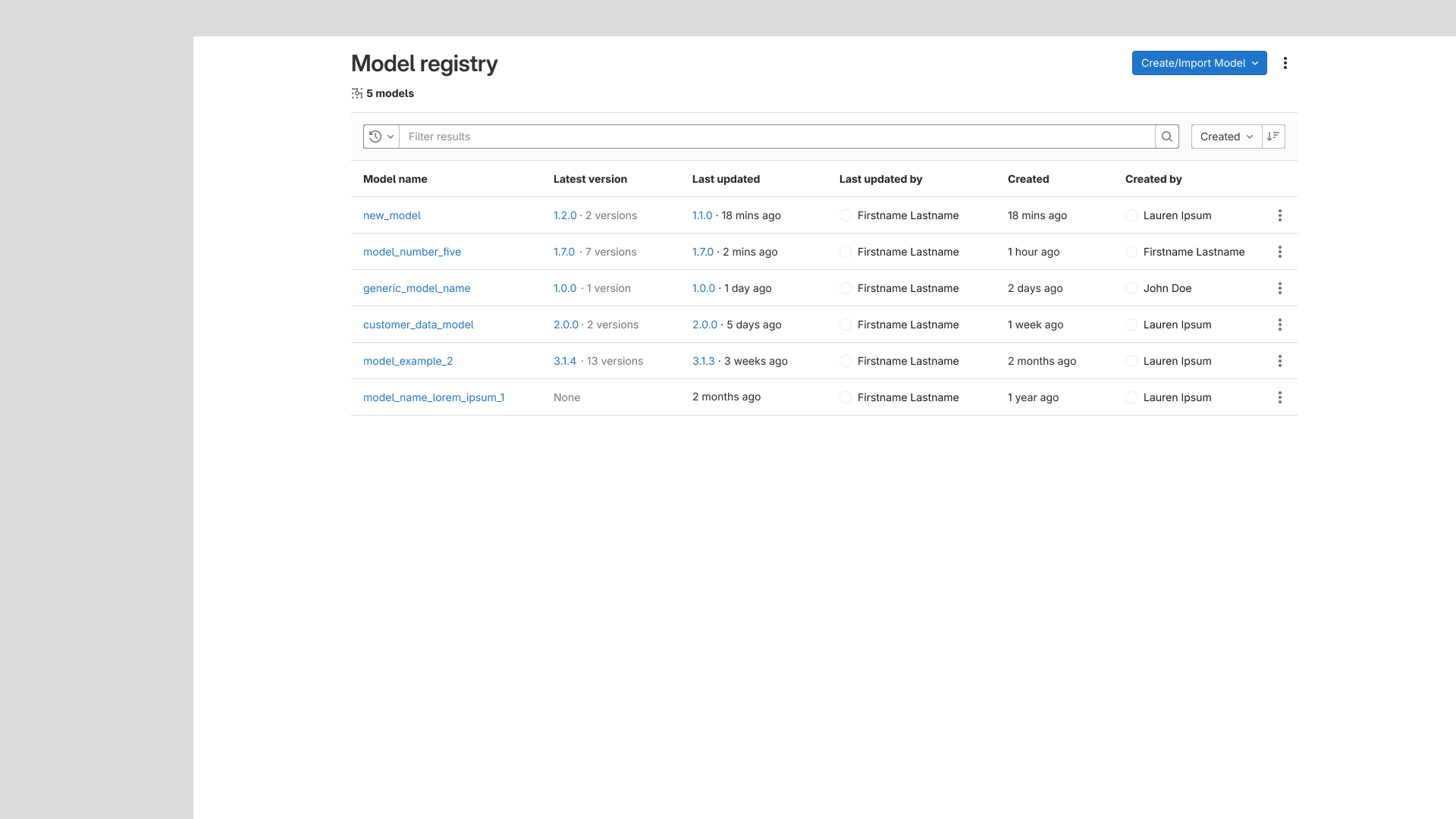 The new model listing page, which shows added columns for latest version, last updated, and last updated by.