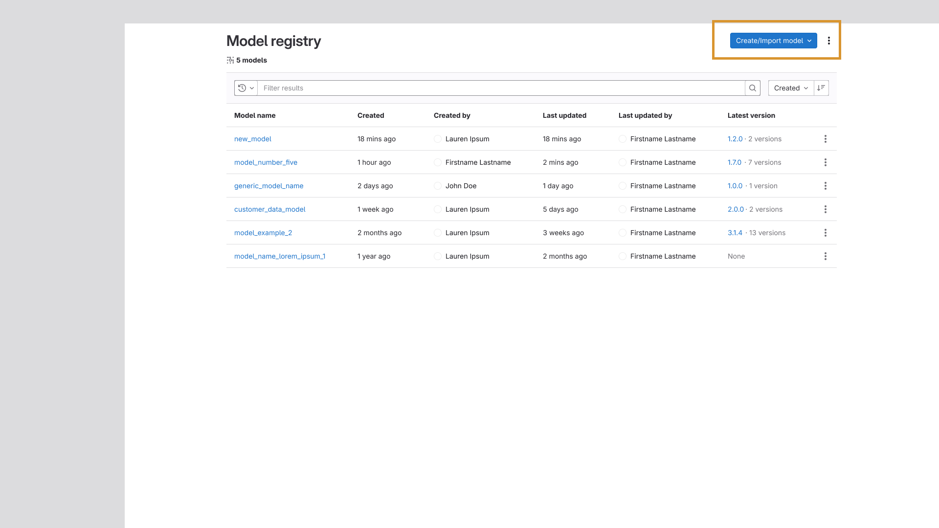 The model listing page with the primary button highlighted. It now reads 'Create/import Model' to signify the user is in the model hierarchy.