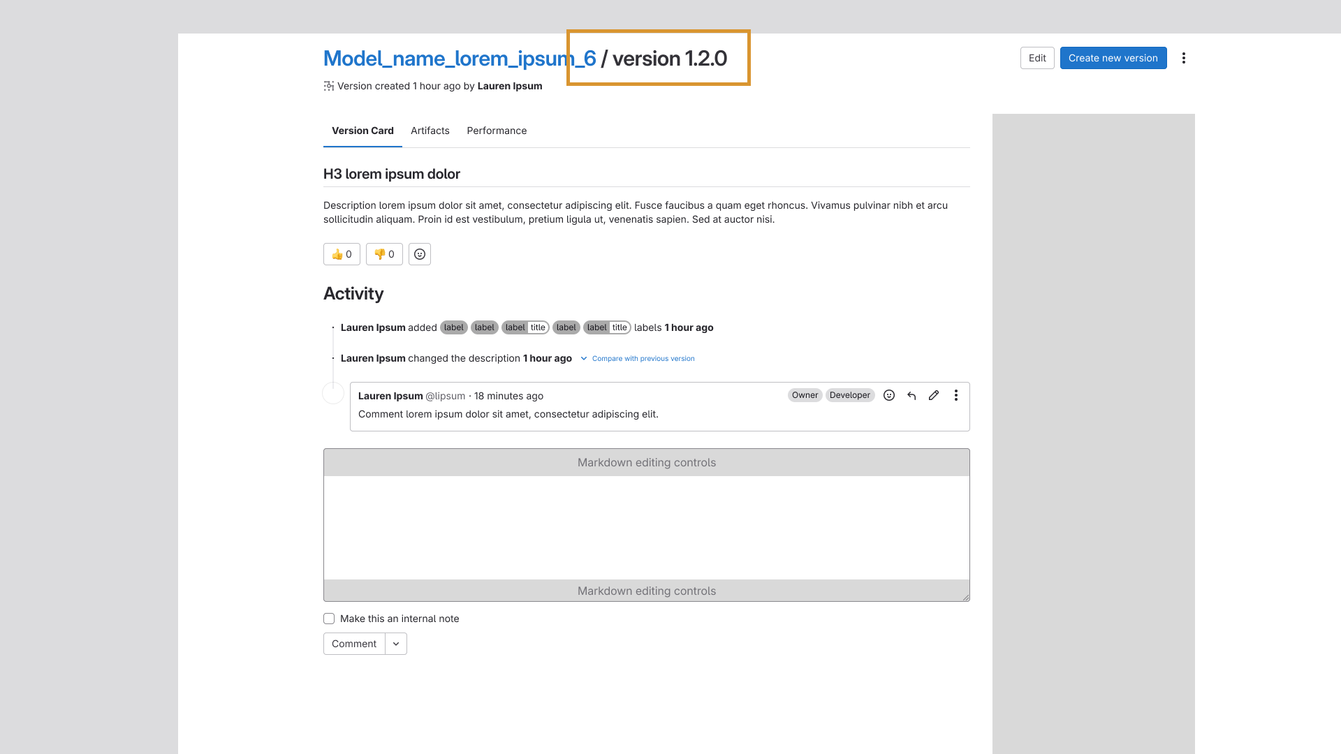 The version card with the title highlighted. The word 'version' was added before the semver number to signify the user is in the version page.