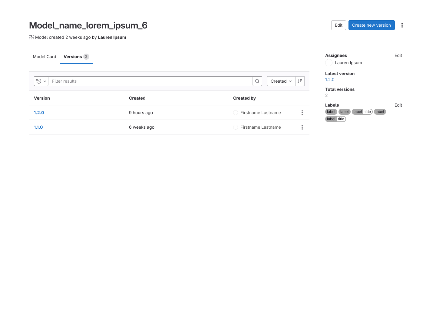 Low-fidelity concept of the version listing tab within the model card, showing a list of versions with columns for Created time and Created by.