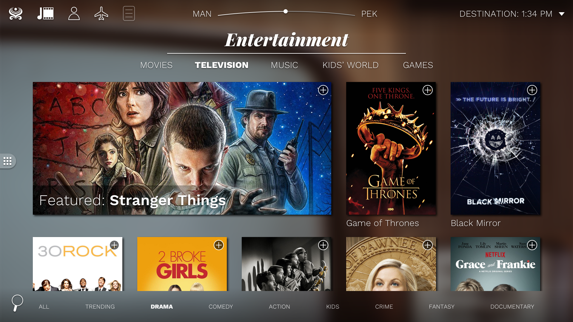 The TV show listing page, showing numerous posters the user may scroll through. Sorting controls are at the bottom of the page.