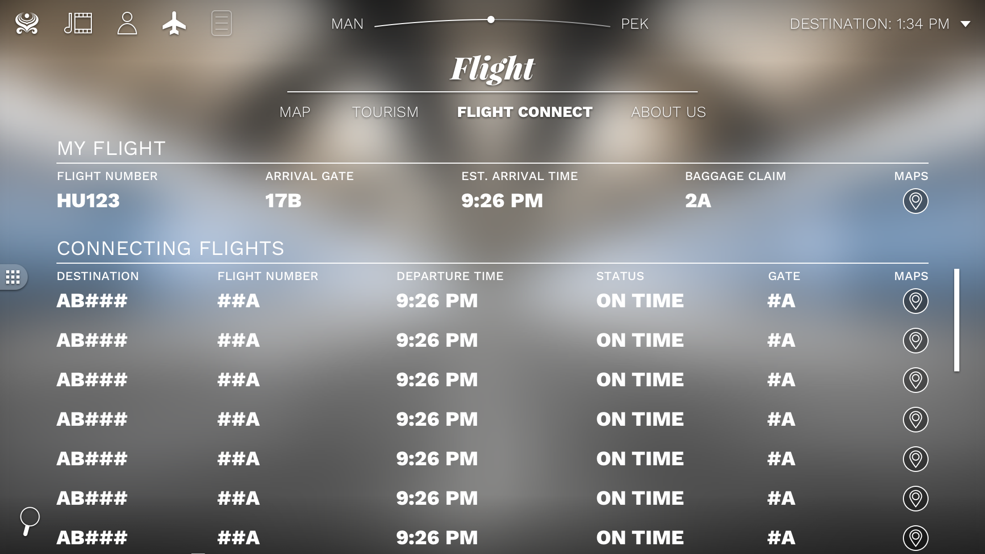 The connecting flight info page within the Flight section. There is a table showing the current flight, and a list of all conecting flights and their associated information.