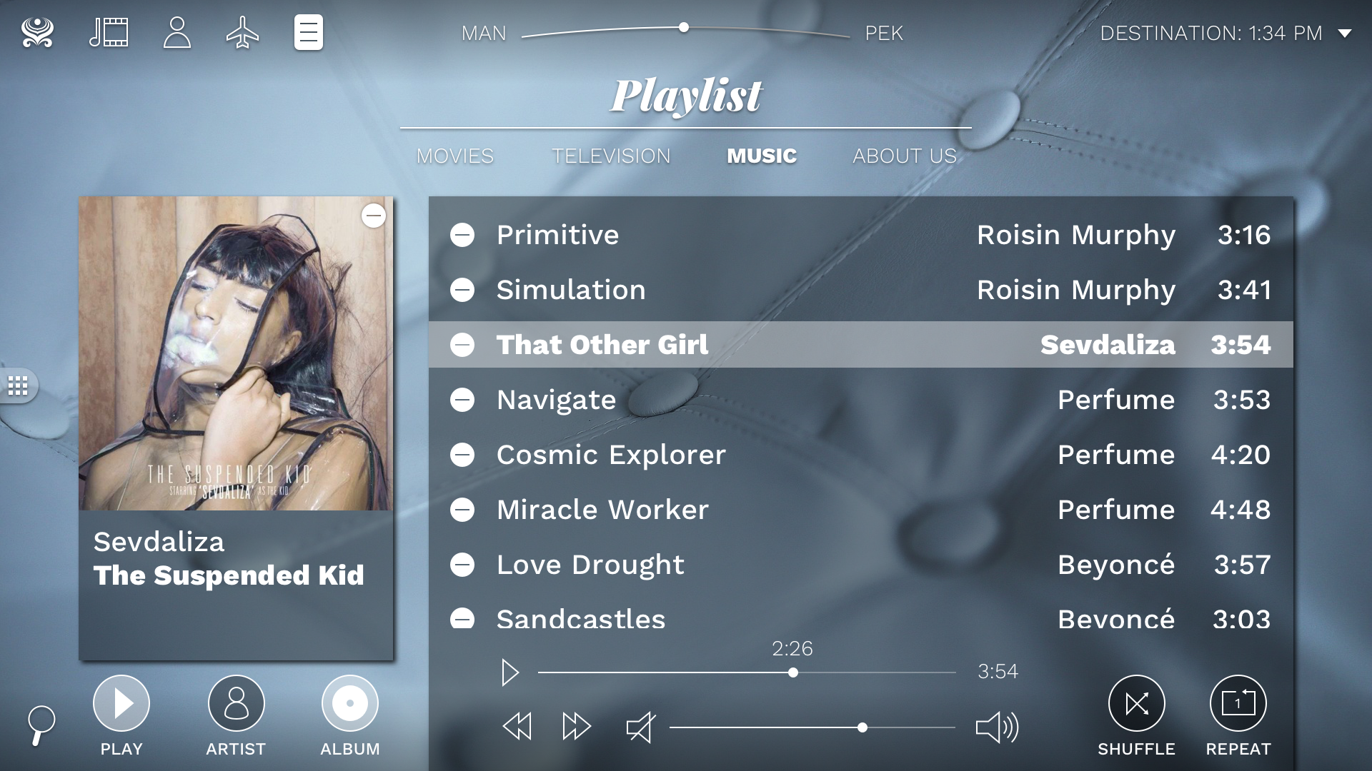 The music player showing all the user's favorited songs in a table, with the currently playing song's album image and info being shown on the left.
