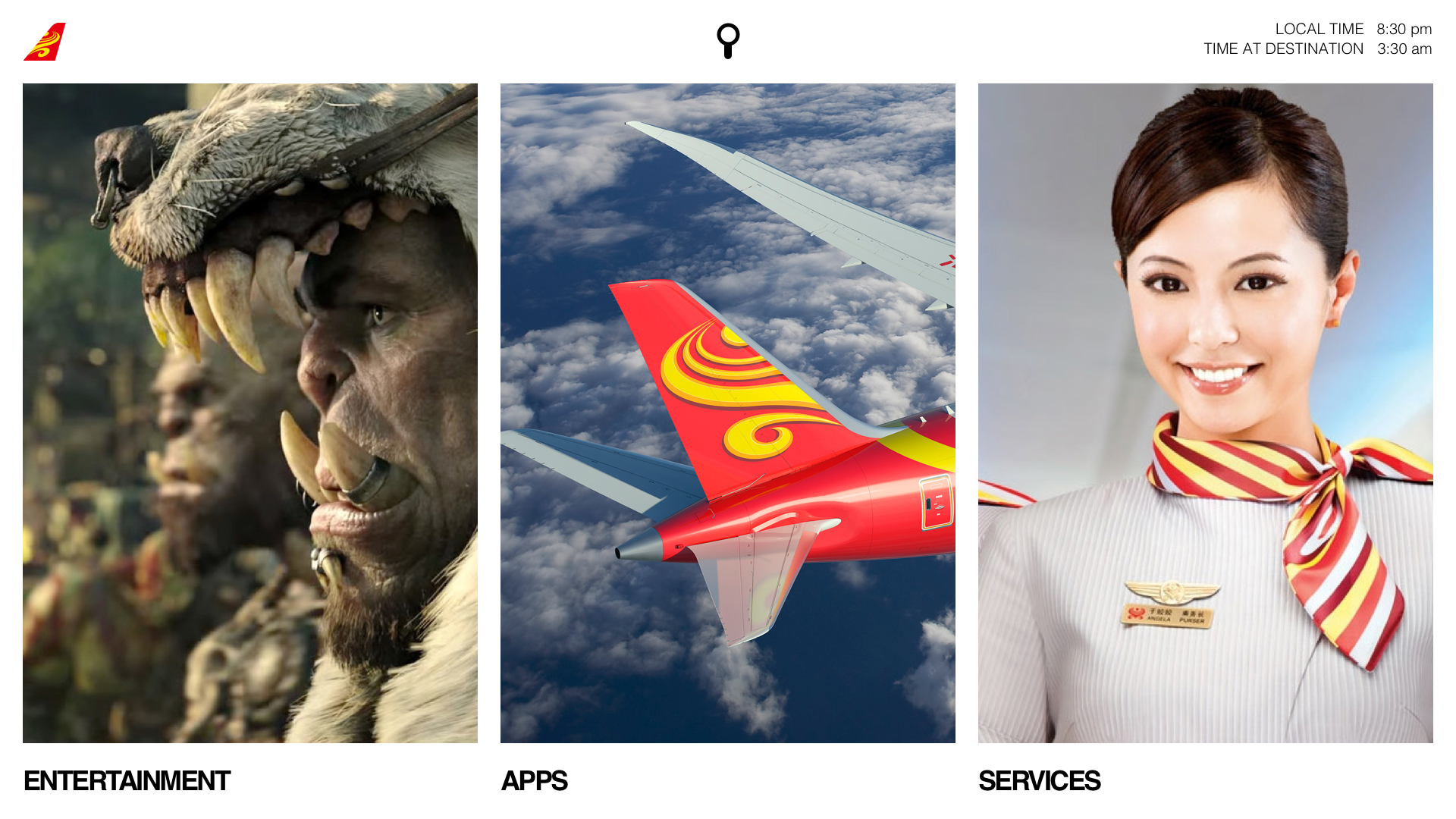 The home menu with 3 cards - entertainment, apps, and services. The design is minimalist, with a simple header nav showing the airline logo and local/destination time.