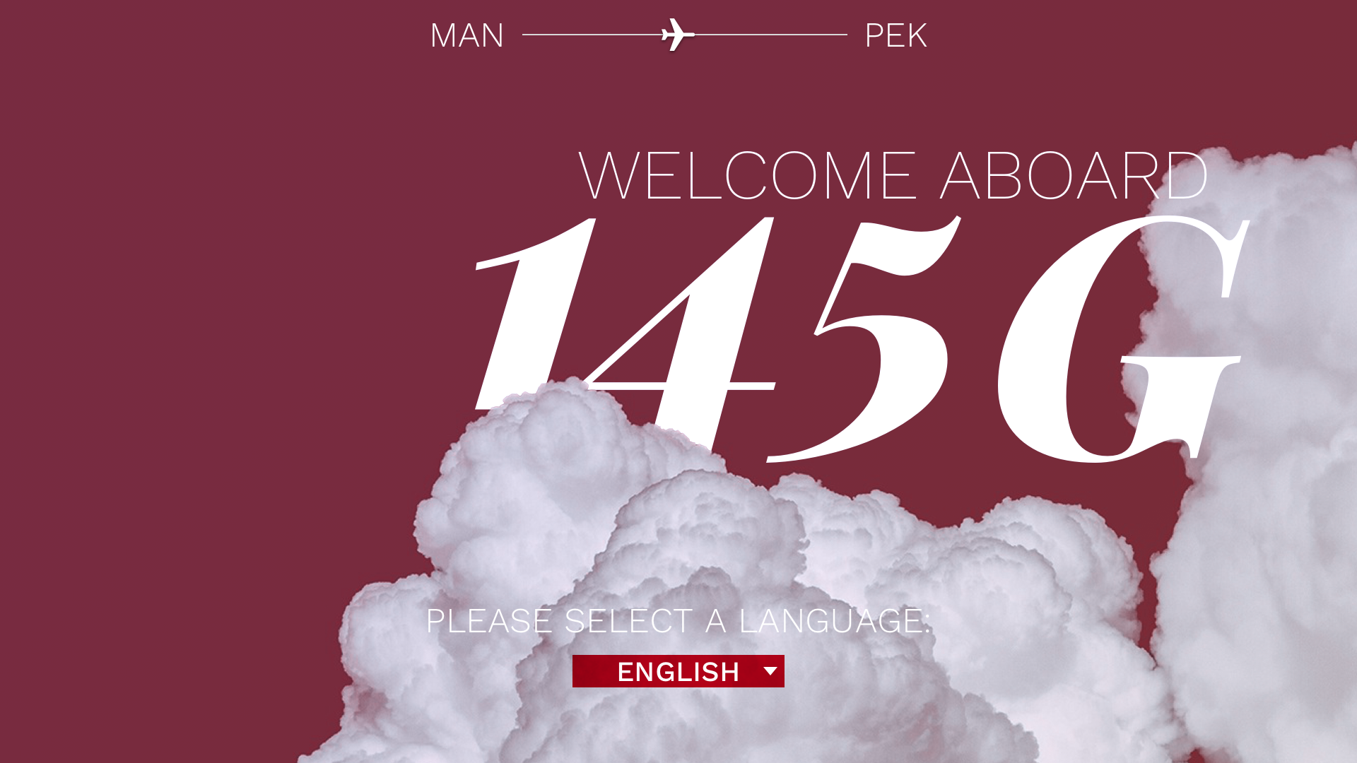 The home menu with 3 cards - entertainment, apps, and services. The design is minimalist, with a simple header nav showing the airline logo and local/destination time.