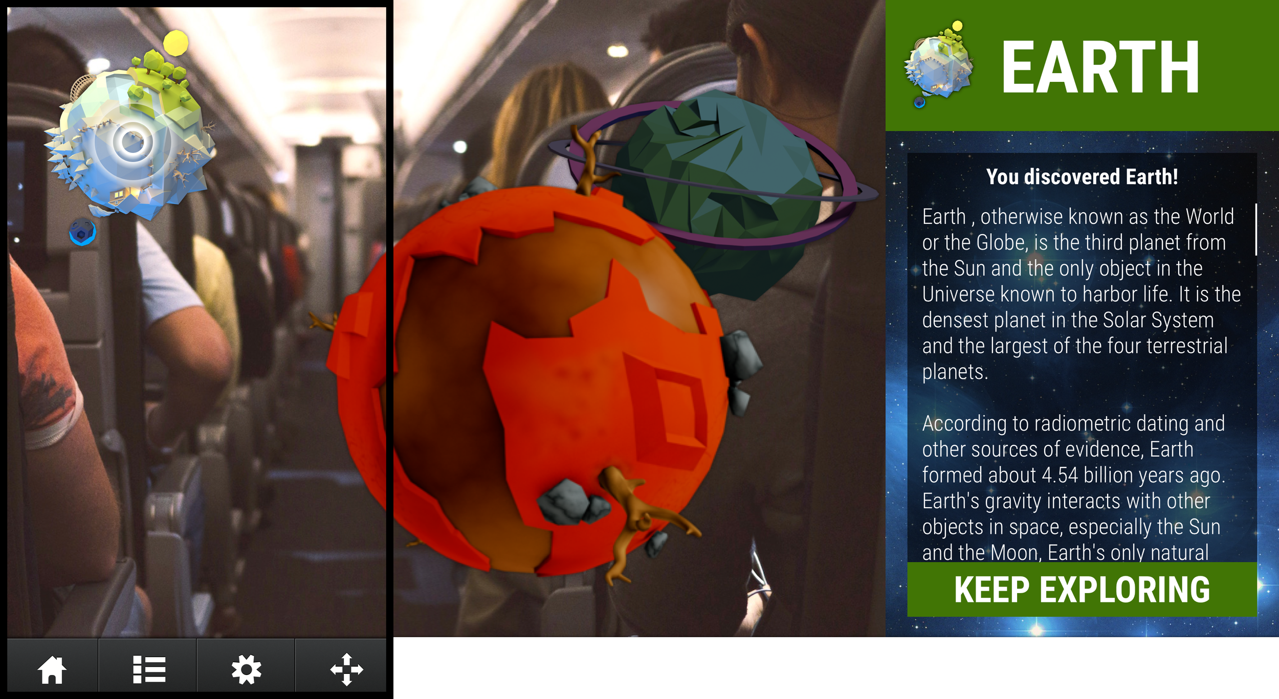 The image shows planets floating in an AR space around the cabin, and the user has clicked on earth, which pulls up an info page about the planet.