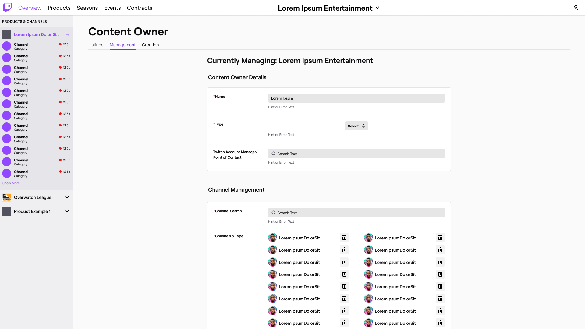 The updated content owner page, with new details and a channel management module.