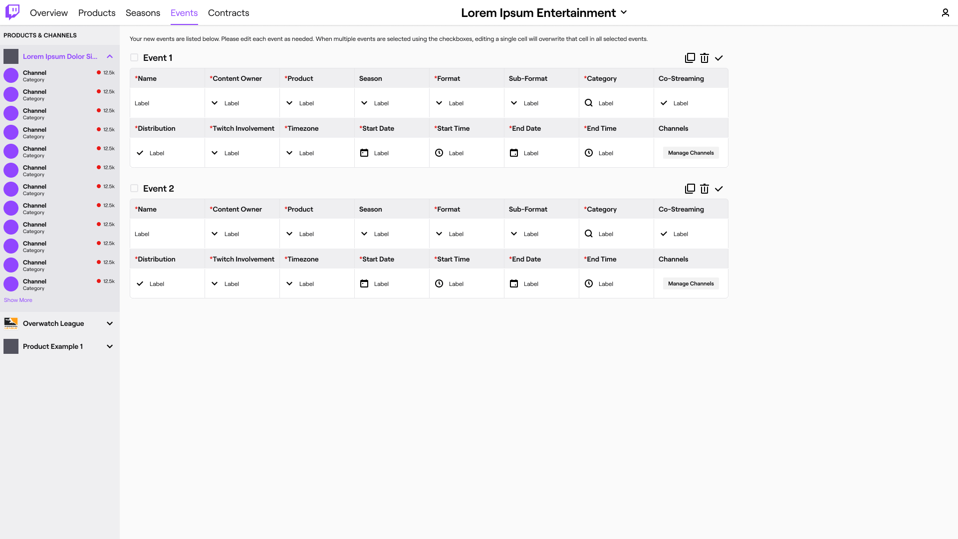 The new bulk edit/creation page for events, showing various CRUD options above listings of newly imported events.