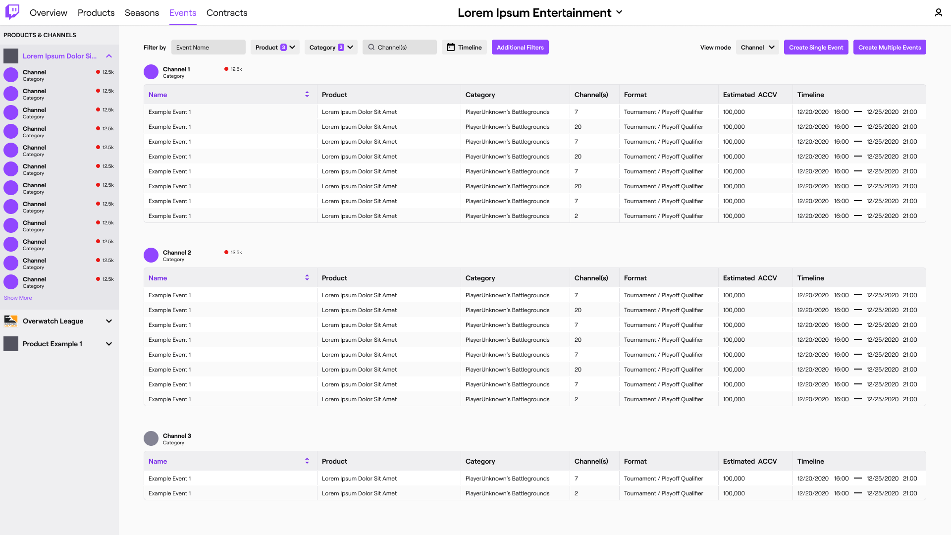 The updated events page, with an expanded filter bar and configuration options.