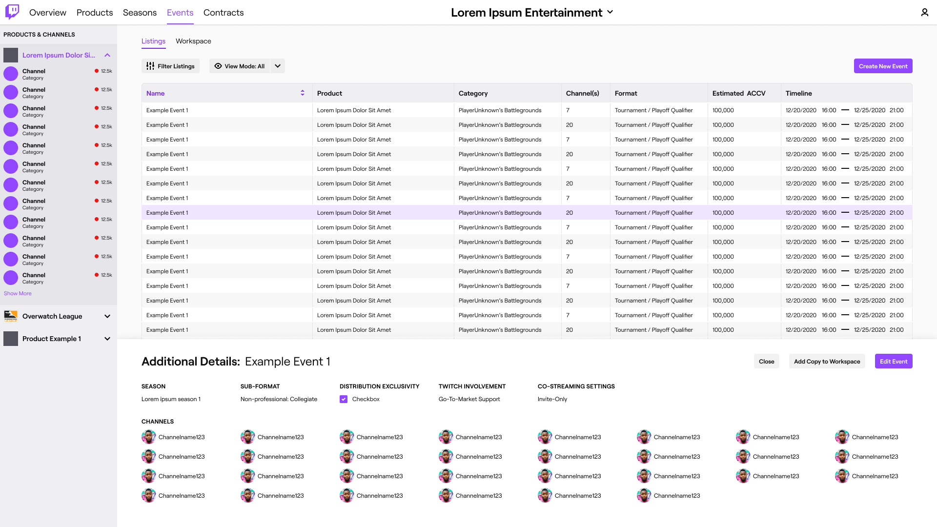 The updated event listing page which shows a configurable table of events. The user has clicked on one, opening a detail panel for that event at the bottom of the viewfinder.