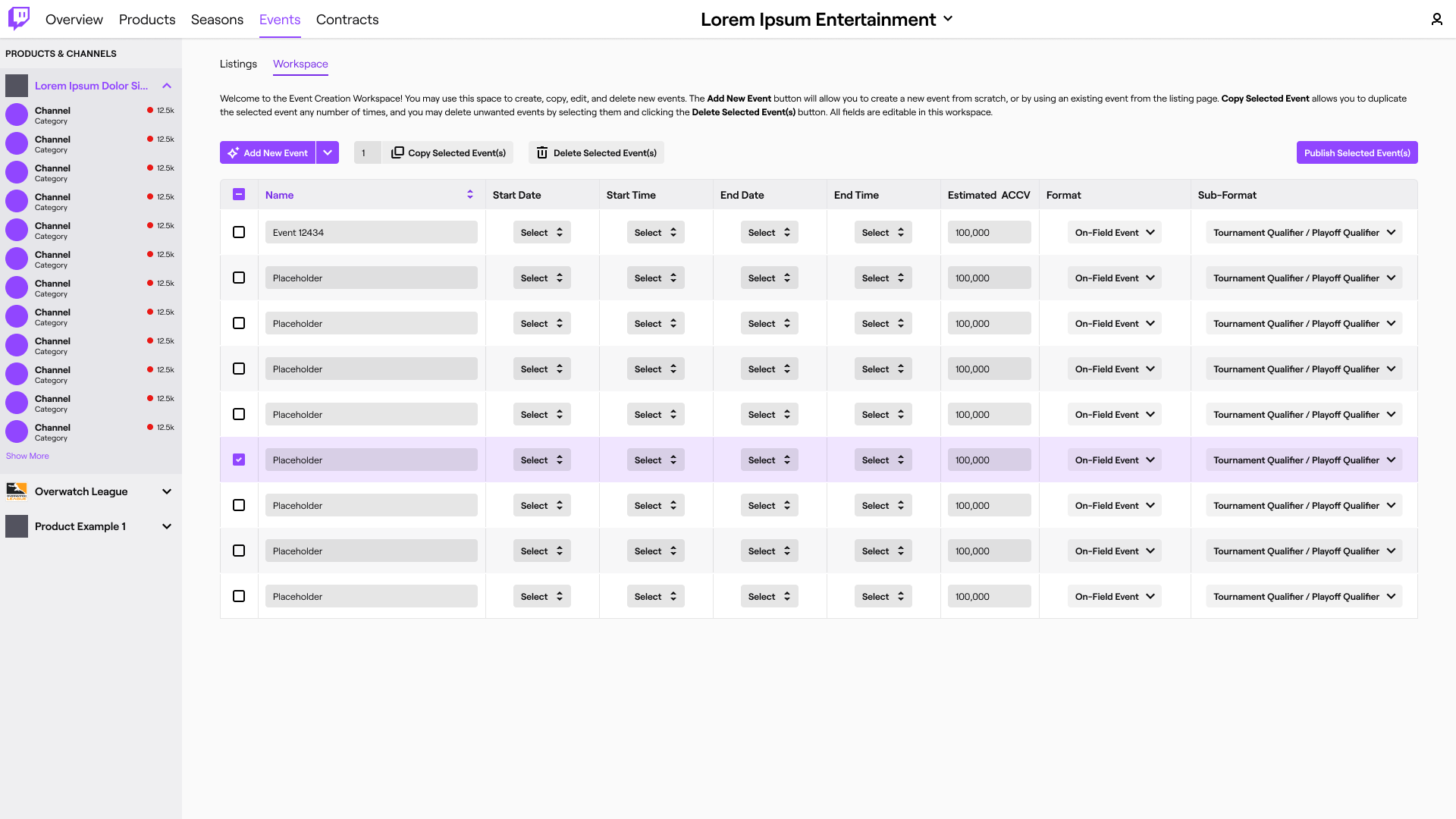The updated events workspace page which allows for greater control over editing, adding, and removing events from the listings. The page shows a tabular view of events with options to selectively edit events as a whole and individual metadata for each.