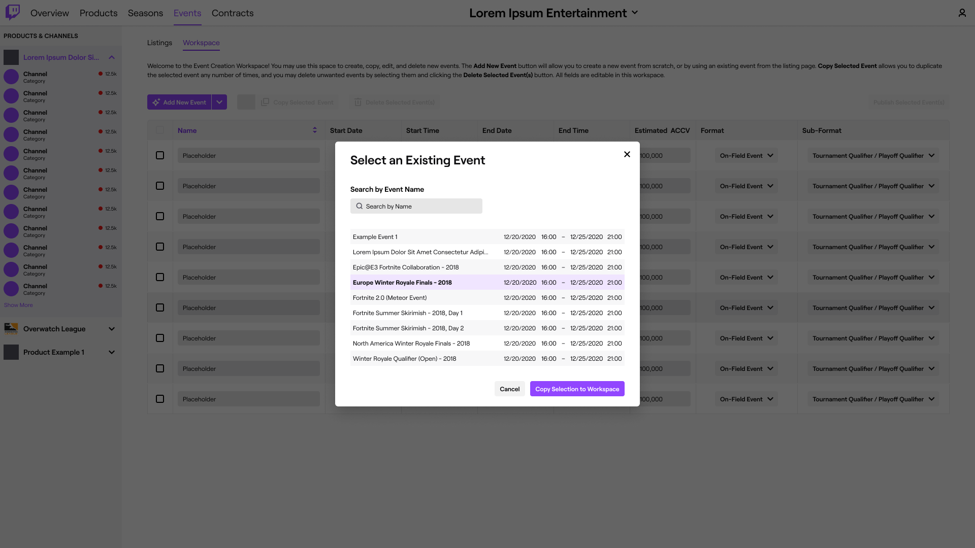 The ability to copy existing events as templates is shown here. The user selects this option and is then shown a modal with a list of events to choose from. They may also search events by name.