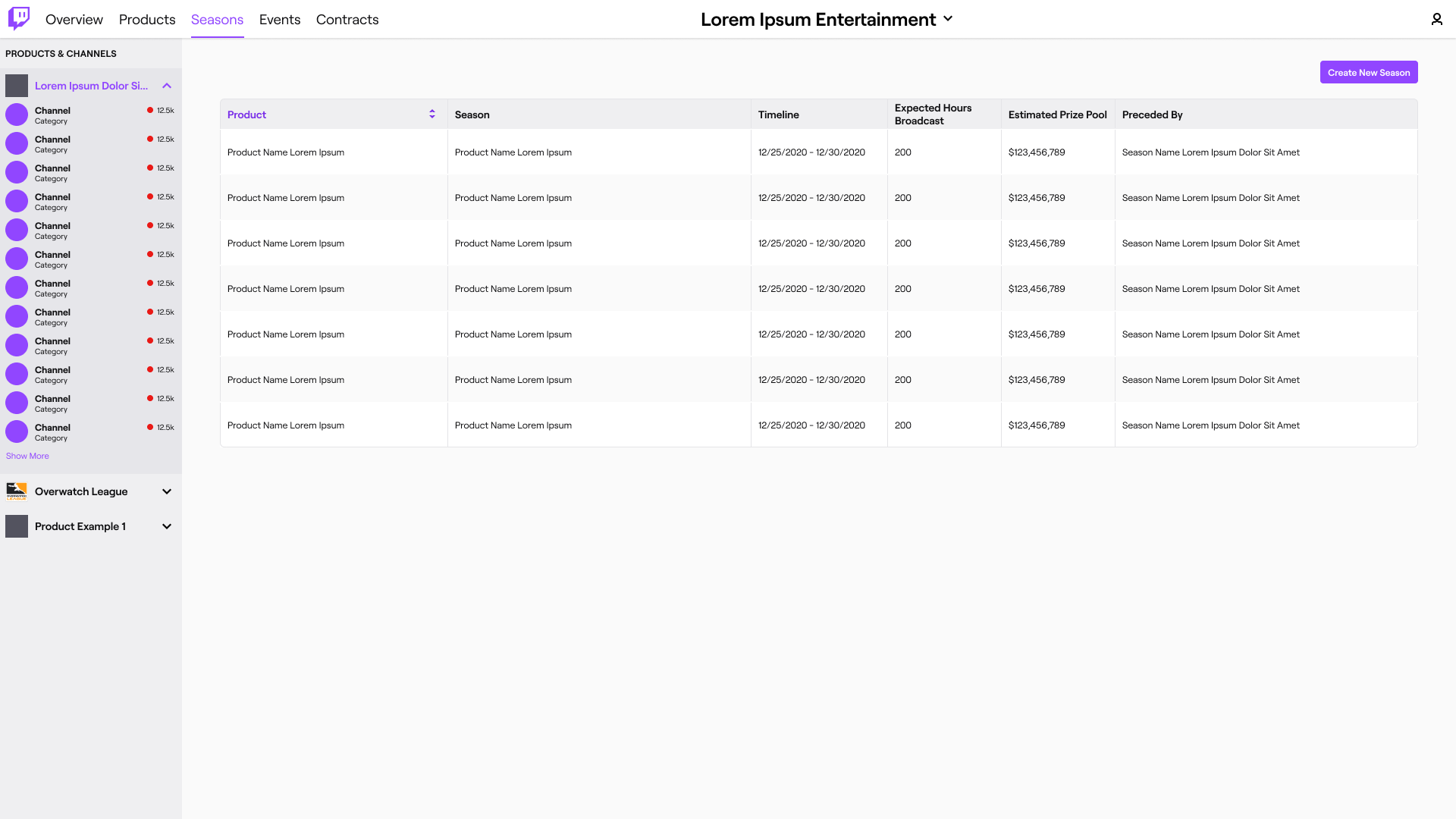 The new Seasons page, which shows a listing of seasons and an option to create a new one.